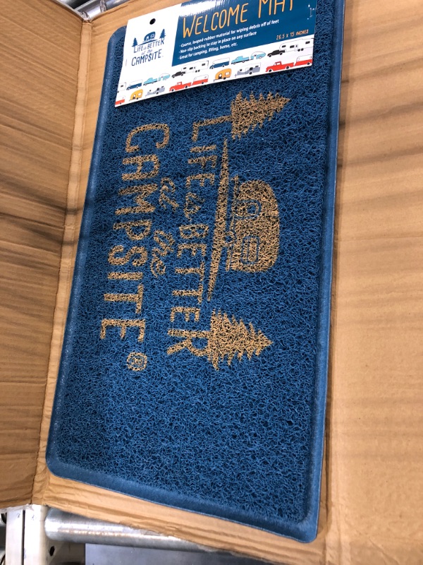 Photo 3 of Camco Life Is Better at The Campsite Outdoor & Indoor Welcome Mat - Weather and Doormat | Traps Dirt and Liquid | Spongey Comfortable Feel | Measures 26 ½ " x 15" - Blue (53201) - 53201-A