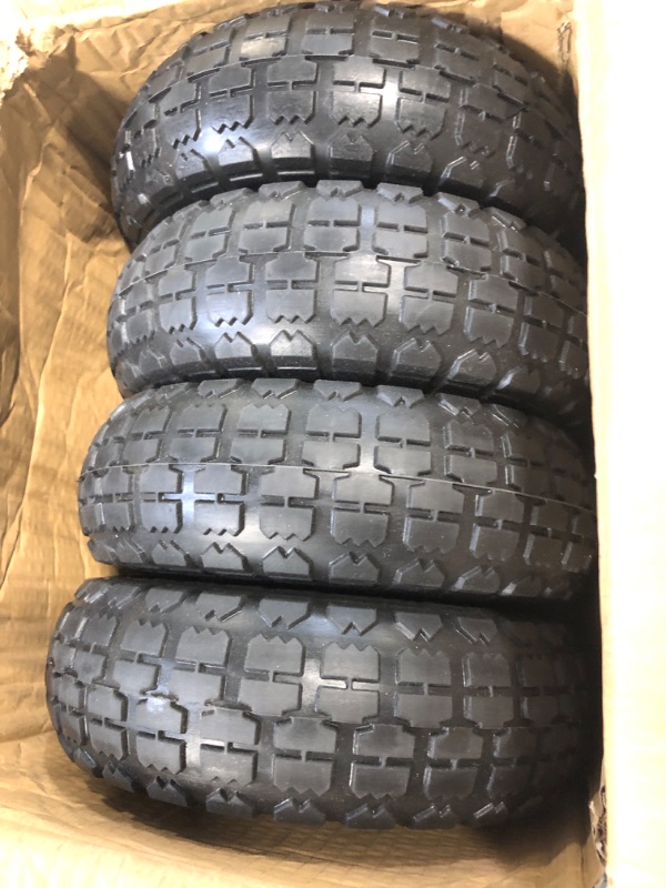 Photo 3 of 4 Pcs 10" Flat Free Tires Solid Non-inflated Tires Wheels, 4.10/3.50-4 Tire with 5/8 Ball Bearings, 2.24" Offset Hub for Wheelbarrow, Garden Wagon Carts, Trolley, Hand Truck, Various Tool Carts 4Pcs 10In 4.10/3.50-4