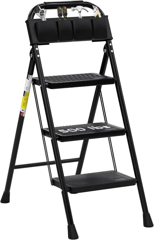 Photo 1 of 3 Step Ladder EFFIELER Folding Step Stool with Wide Anti-Slip Pedal, 500 lbs Sturdy Steel Ladder, Convenient Handgrip, Lightweight, Portable Steel Step Stool for Household, Kitchen,Office Step Ladder Matte Black 3-Step