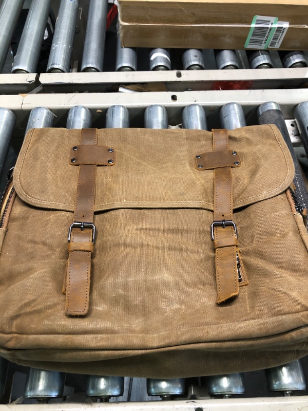 Photo 3 of Mens Messenger Bag 15.6 Inch Waterproof Vintage Genuine Leather Waxed Canvas Briefcase Large Satchel Shoulder Bag Rugged Leather Computer Laptop Bag, Brown