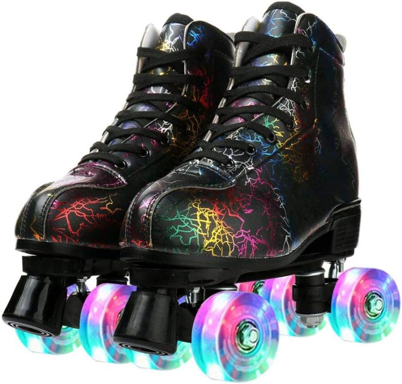 Photo 1 of LEAFIS Roller Skates Classic High-top for Adult Outdoor Skating Light-Up Four-Wheel Roller Skates Shiny Roller Skates for Women
