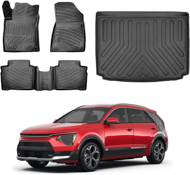 Photo 1 of All Weather Rubber Car Floor Mats with Cargo Liner - Full Set Front & Rear Floor Mats 3D Black for Kia NIRO 2022-2023 Hybrid
