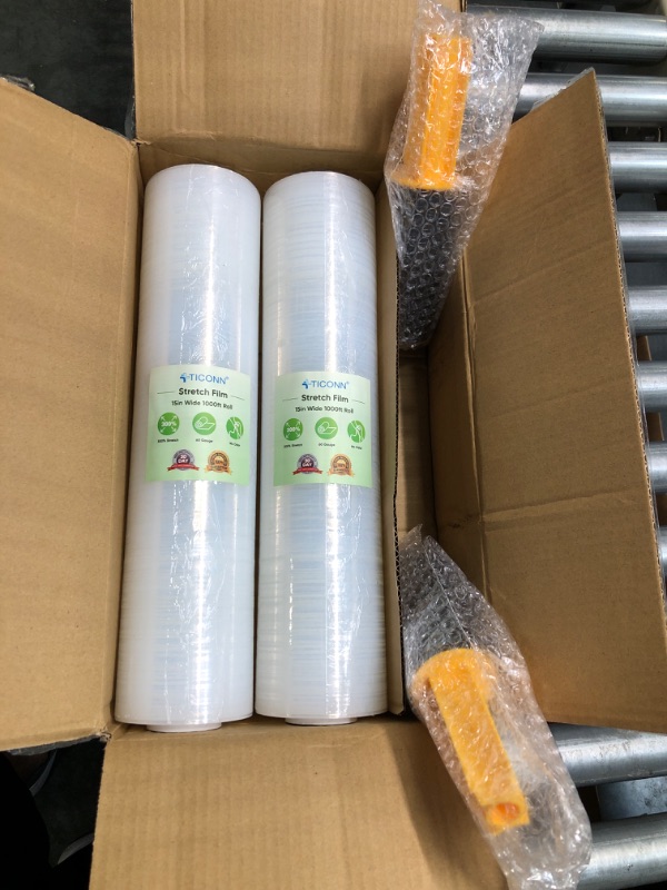 Photo 2 of TICONN 2PK Stretch Wrap Stretch Film Roll, 1000ft 60 Gauge Industrial Strength 15 inch Wide Clear Plastic Wrap with Handles for Pallet Wrapping Shipping and Surface Protection (1000ft, 2pk)