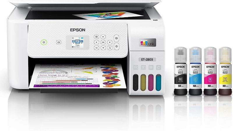 Photo 1 of Epson EcoTank ET-2803 Wireless Color All-in-One Supertank Inkjet Printer, White - Print Scan Copy - 10 ppm, 5760 x 1440 dpi, LCD Display, Borderless Photo Prints, DAODYANG
