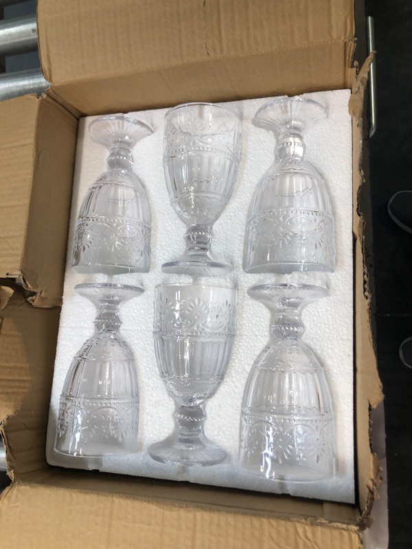 Photo 1 of AVLA 6 Pack Glass Goblet, 12 OZ Vintage Wine Glassware, Romantic Wedding Glass Set, Drinking Stemware Beverage Cups for Party, Bar, Champagne, Juice, Beer, Cocktail, Embossed Design

*all 6 glasses are good