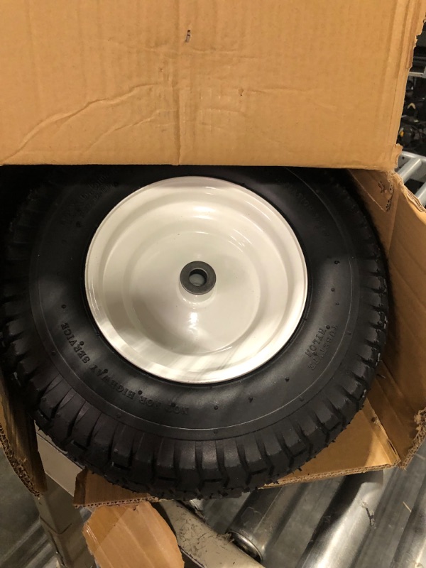 Photo 3 of (2-Pack) 16x6.50-8 Pneumatic Tires on Rim - Universal Fit Riding Mower and Yard Tractor Wheels - With Chevron Turf Treads - 3” Centered Hub and 3/4” Bushings - 615 lbs Max Weight Capacity