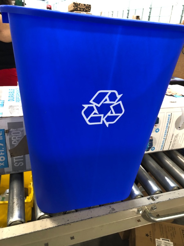Photo 1 of AmazonCommercial 10 Gallon Rectangular Commercial Office Wastebasket, w/ Recycle Logo, 1-Pack, Blue 10 GALLON BLUE