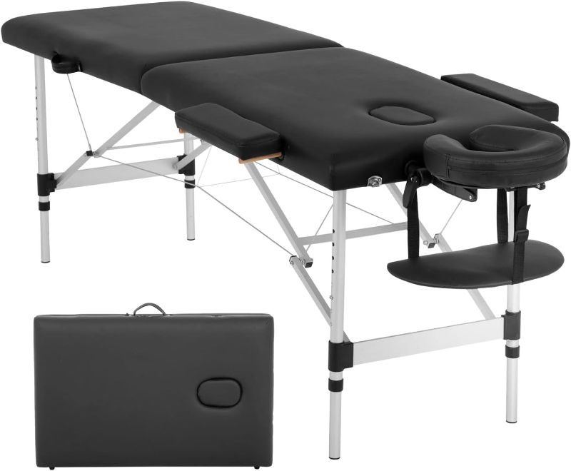 Photo 1 of Aluminum Massage Table Portable Massage Bed Height Adjustable Spa Bed 2 Fold Facial Tattoo Salon Bed W/Face Cradle Carry Case (Black)
