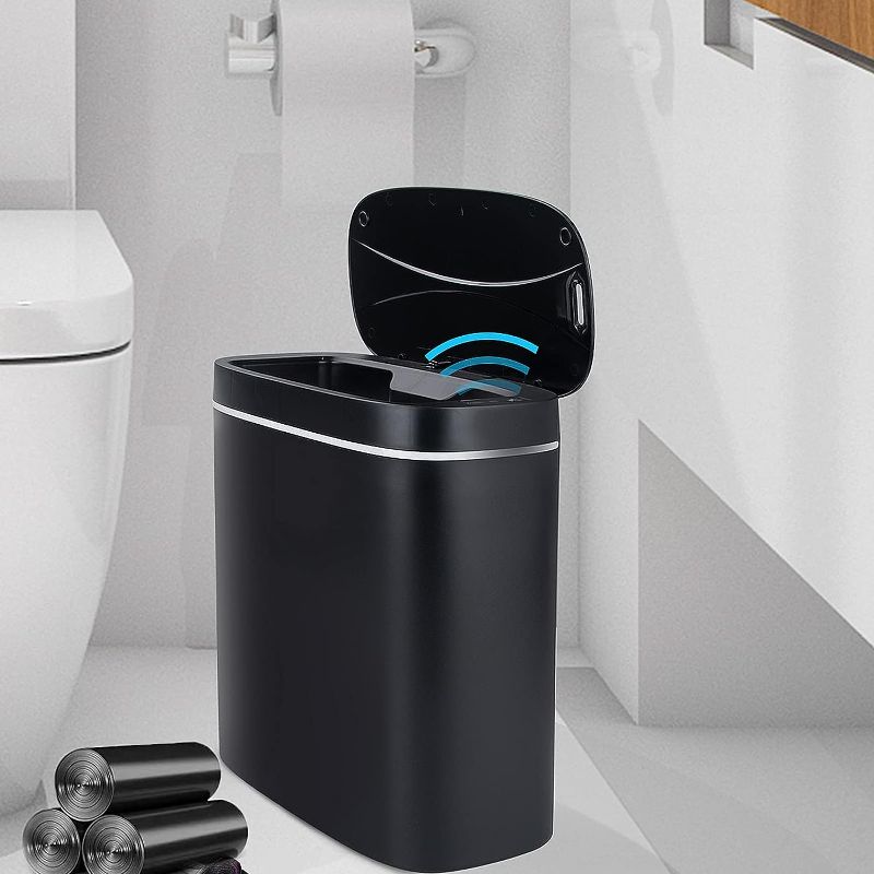 Photo 1 of Bathroom Trash Cans with Lids, Touchless Trash Bin, 3.1 Gallon Slim Plastic Narrow Waterproof Motion Sensor Garbage Can,Dog Proof Covered Wastebasket for Office, Bedroom, Toilet, Kitchen, RV
-WHITE