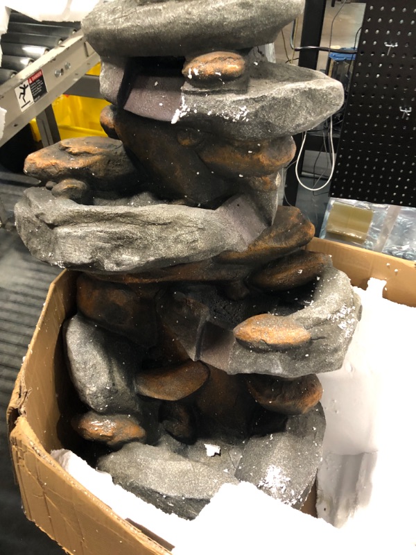 Photo 3 of Alpine Corporation WIN316 Water Floor Standing Fountains, 23" L x 18" W x 40" H, Lt. Gray & WIN582 Tall Outdoor 3-Tier Rock Waterfall Fountain with LED Lights, 15" L x 13" W x 22" H, Gray/Beige
(UNABLE TO TEST) (CRACK ON EACH SIDE-USE PHOTOS ARE REFRENCE