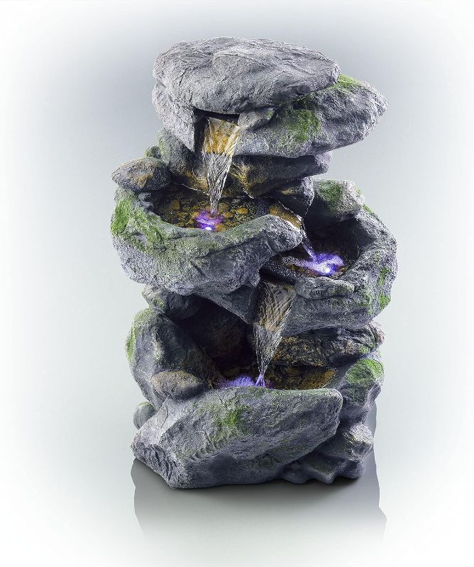 Photo 1 of Alpine Corporation WIN316 Water Floor Standing Fountains, 23" L x 18" W x 40" H, Lt. Gray & WIN582 Tall Outdoor 3-Tier Rock Waterfall Fountain with LED Lights, 15" L x 13" W x 22" H, Gray/Beige
(UNABLE TO TEST) (CRACK ON EACH SIDE-USE PHOTOS ARE REFRENCE