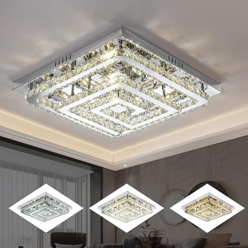 Photo 1 of 23" Large Elegant Crystal Chandelier, Modern Led 3 Color Dimmable Ceiling Light 2 Layers Square Flush Mount Ceiling Lamp for Bedrooms Dining Rooms Living Room Kitchen Staircase Hallway(Dimmable)
