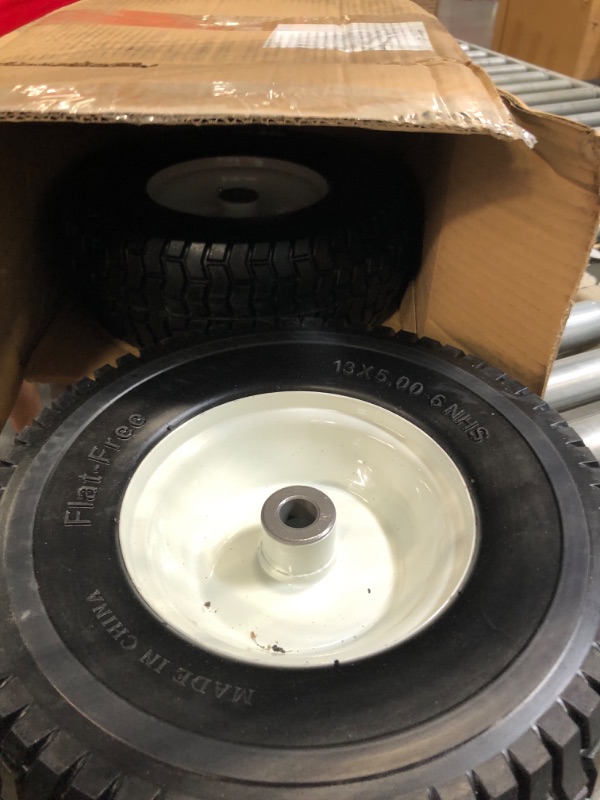 Photo 3 of 2-Pack 13x5.00-6 Flat-Free Tire with Rim,3"Centered Hub with 3/4" Bushings,w/Grease Fitting?400lbs Capacity,13x5-6 No-Flat Solid Rubber Turf Wheel,for Riding Lawn mower,Garden Cart,Wheelbarrow