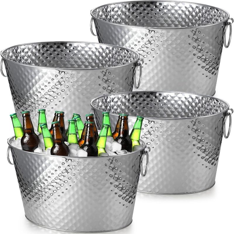 Photo 1 of 4 Pack Beverage Tub for Parties Drink Ice Bucket Stainless Steel Insulated Beverage Tub Extra Large Metal Silver Buckets Heavy Duty Hammered Drink Bucket with Double Hinged Handle for Parties