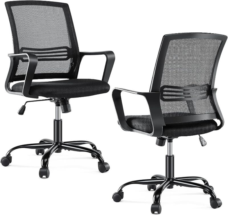 Photo 1 of Office Chair - Ergonomic Office Chair Mid Back Office Desk Chair with Wheels Computer Chair with Lumbar Support Home Office Chair with Armrests for Adults, Black