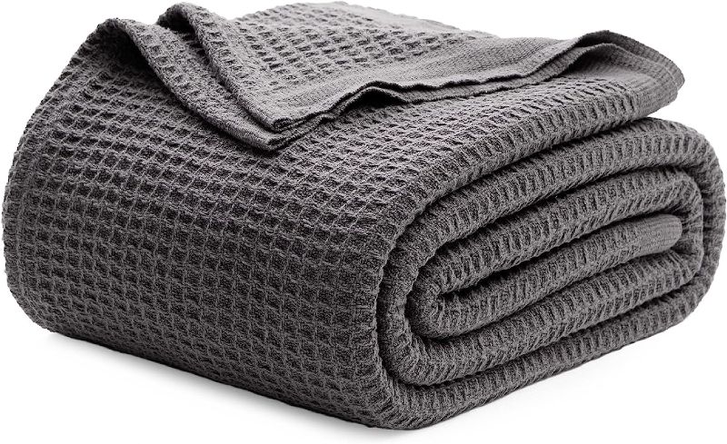 Photo 1 of Bedsure 100% Cotton Blankets Queen Size for Bed - 405GSM Waffle Weave Blankets for Summer, Cozy and Soft Woven Blankets, Lightweight Fall Blankets, Dark Grey, 90x90 Inches