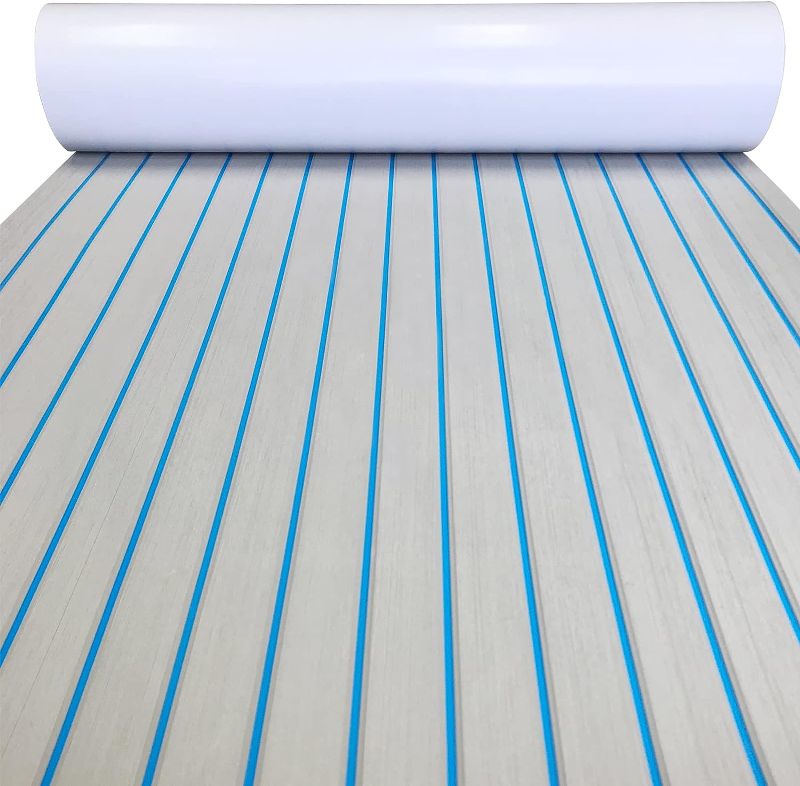 Photo 1 of Boat Flooring EVA Foam Decking Sheet Faux Teak Marine Mat Marine Carpet Cooler Tops Seating Non-Slip Self-Adhesive Flooring Material for Motorboat RV Yacht Kayak Swimming Pool 94" x 44"/35"/23"/16" Grey With Blue Seam Lines 35 x 94 inch