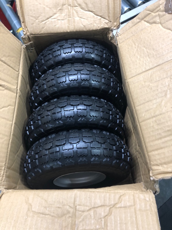 Photo 2 of 4 Pcs 10" Flat Free Tires Solid Non-inflated Tires Wheels, 4.10/3.50-4 Tire with 5/8 Ball Bearings, 2.24" Offset Hub for Wheelbarrow, Garden Wagon Carts, Trolley, Hand Truck, Various Tool Carts 4Pcs 10In 4.10/3.50-4