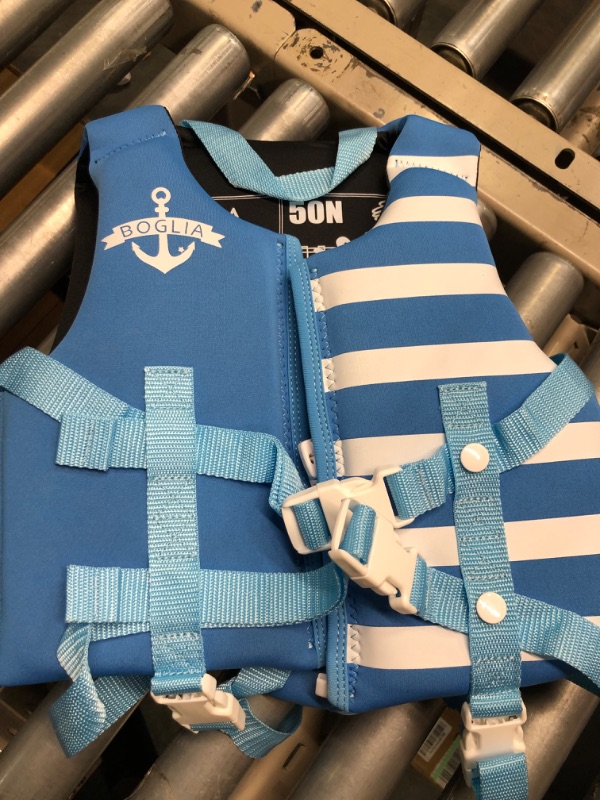 Photo 2 of Boglia Toddler Swim Vest Floaties for Kids with Adjustable Safety Strap for Learn to Swim Children Age 1-9 Years/18-75 lbs Stripes Light Blue M(4-6 Years)