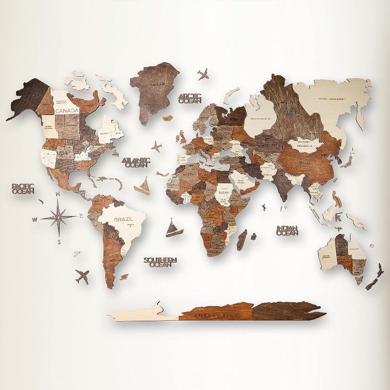 Photo 1 of "AWESOMETIK" 3D Wood World Map Wall Art Decor - With Our Masterpiece Track Your World Travels - Special For Home, Kitchen And Office. Gift Boxed (XL Prime, Multicolor browns)

*see pics. Don't think Iceland or Hawaii are in box after audit. Item labeled X