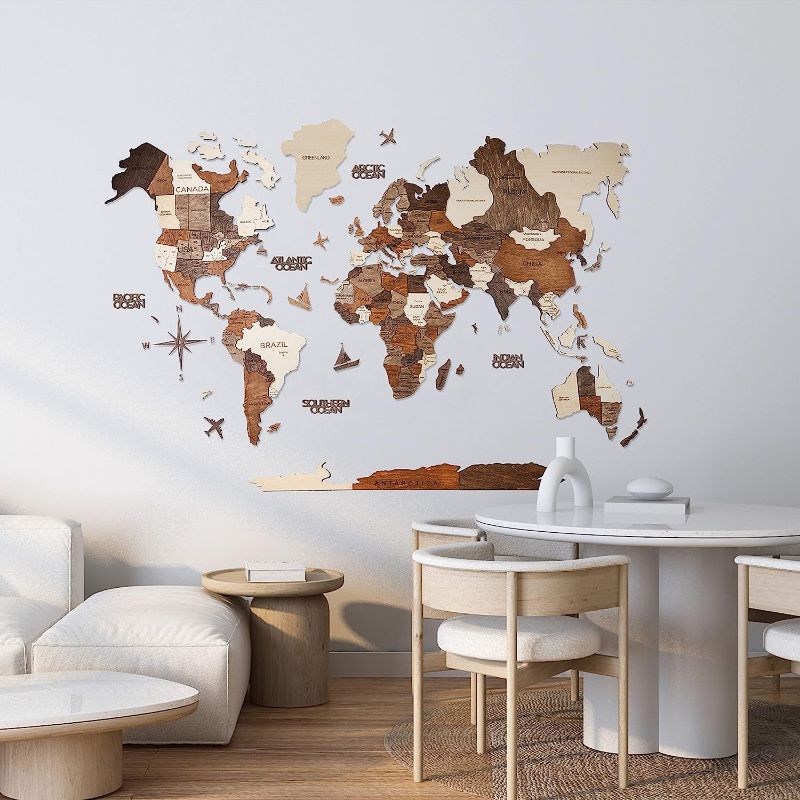 Photo 3 of AWESOMETIK" 3D Wood World Map Wall Art Decor - With Our Masterpiece Track Your World Travels - Special For Home, Kitchen And Office. Gift Boxed