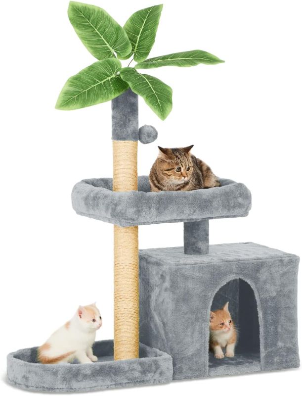 Photo 1 of TSCOMON 31.5" Cat Tree Cat Tower for Indoor Cats with Green Leaves, Cat Condo Cozy Plush Cat House with Hang Ball and Leaf Shape Design, Cat Furniture Pet House with Cat Scratching Posts, Grey