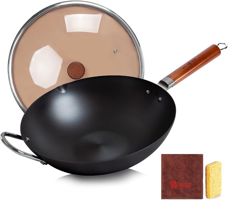 Photo 1 of WANGYUANJI Carbon Steel Wok,14.2" Wok Pan with Lid, Woks & Stir-Fry Pans No Chemical Coated Wok for Induction, Electric, Gas, Halogen All Stoves-Practical Gift Flat Bottom Iron Wok
