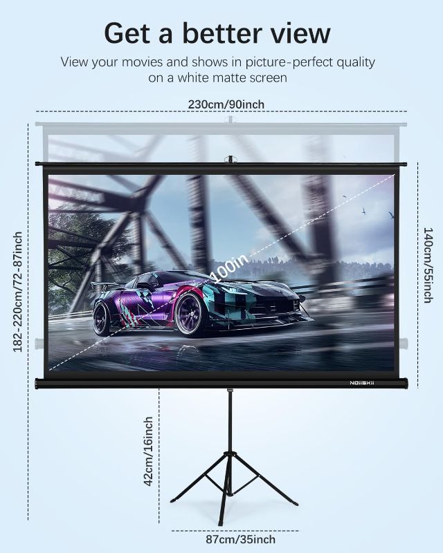 Photo 1 of Projector Screen with Tripod Stand,Noiiskii 100inch indoor outdoor Projection Screen 16:9,Portable 4K HD Premium Wrinkle-Free for Home Backyad Party or Movie Office Present(1.1Grain,160°Viewing Angle)