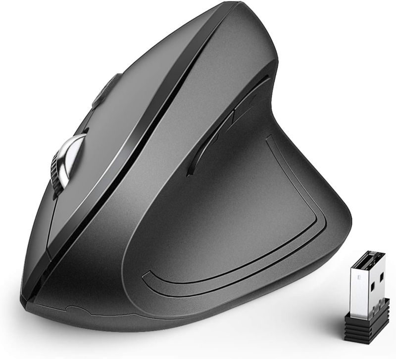 Photo 1 of iClever Ergonomic Mouse, WM101 Wireless Vertical Mouse 6 Buttons with Adjustable DPI 1000/1600/2000/2400 Comfortable 2.4G Optical Ergo Mouse for Laptop, Computer, Desktop, Windows, Mac OS, Gray Black