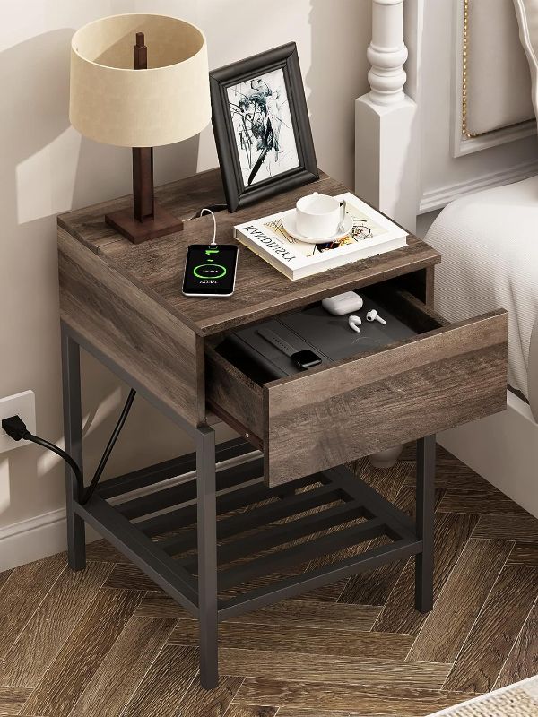 Photo 1 of 

ChooChoo Nightstand with Charging Station and USB Ports, Rustic Side End Table with Drawer and Metal Shelf, Bedside Table for Small Spaces, Bedroom, Grey
