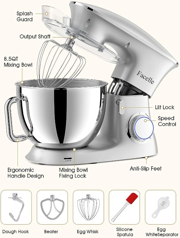 Photo 1 of Facelle Stand Mixer, 8.5 Quart Electric Mixer, 660W 6-Speed Tilt-Head Kitchen Electric Food Mixer with Beater, Dough Hook and Wire Whip, Silver