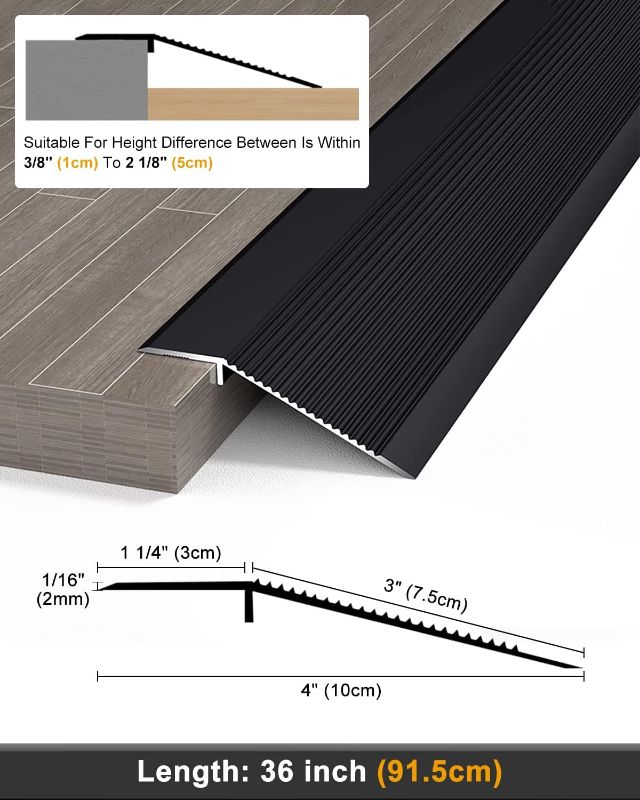 Photo 1 of Aluminum Floor Transition Threshold Strip 36 inch by 4 inch, Matte Black Doorway Edge Trim for Tile Laminate Vinyl Flooring, Kitchen Bedroom Bathroom Doors Reducer Gap Cover