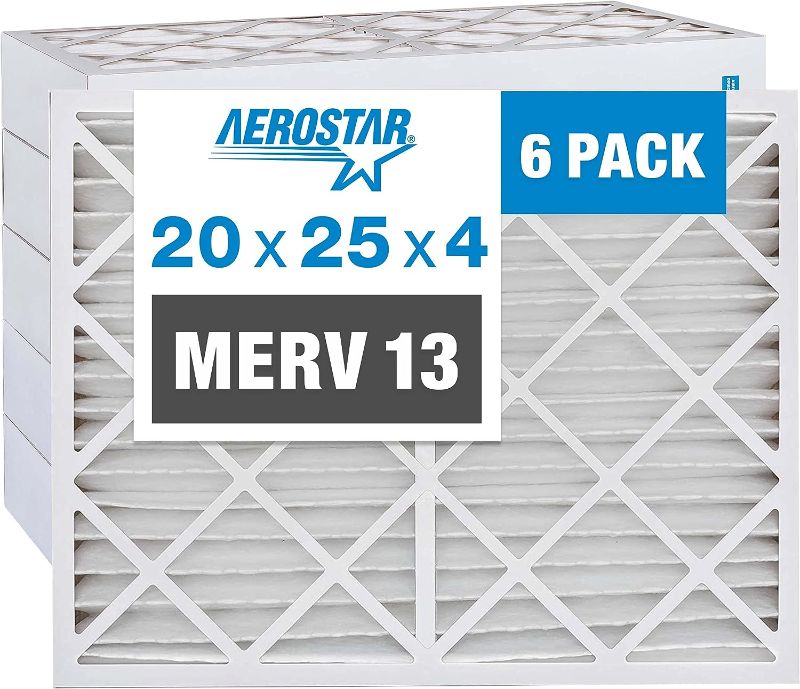 Photo 1 of Aerostar Home Max 20x25x4 MERV 13 Pleated Air Filter, Made in the USA, Captures Virus Particles, (Actual Size: 19 1/2"x24 1/2"x3 3/4"), 6-Pack