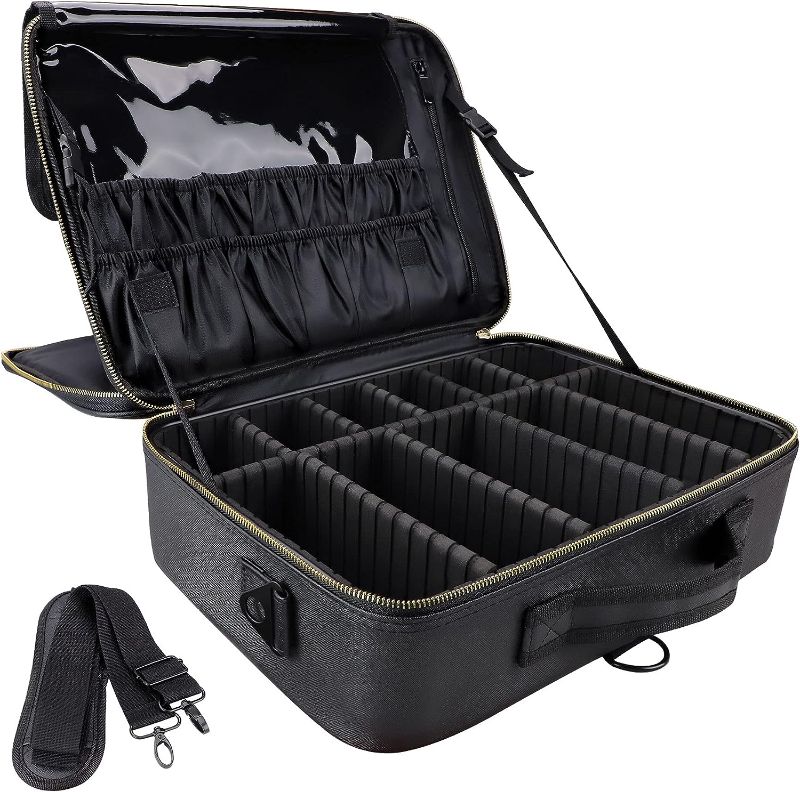 Photo 1 of Makeup Case Travel 3 Layers Makeup Train Case Organizer Cosmetic Bag Portable Makeup Storage for Women Bags with Adjustable Dividers and Shoulder Strap for Toiletry Travel Accessories(Black, L)