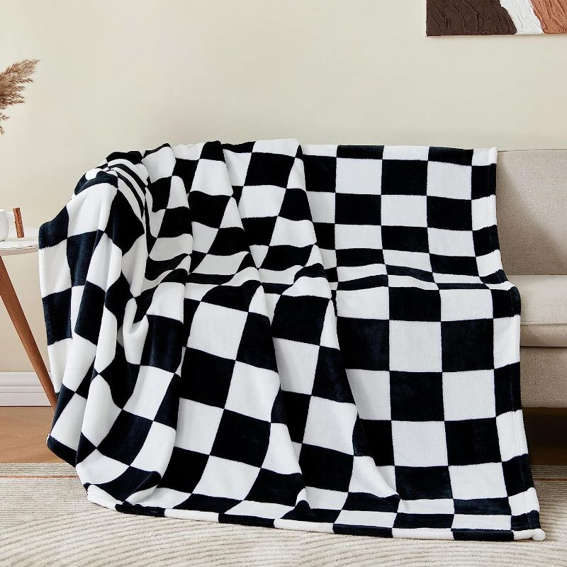 Photo 1 of BEDELITE Checkered Throw Blanket for Couch and Bed, Luxurious Decorative Fleece Blanket with Checkerboard Grid Home Decor, Soft and Cozy Black and White Fall Throw Blanket, 50"x60"