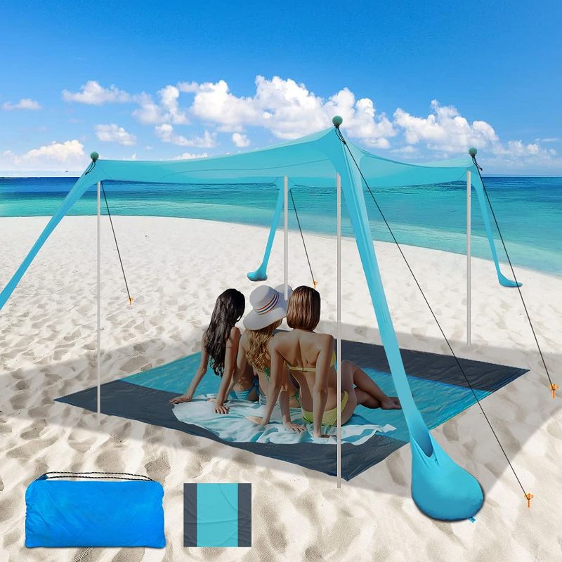 Photo 1 of Beach Canopy Tent Sun Shade with Beach Blanket, Beach Tent Sun Shelter 11x11 FT with UPF 50+ UV Protection, Beach Sun Shade for Beach, Camping, Backyard and Picnics