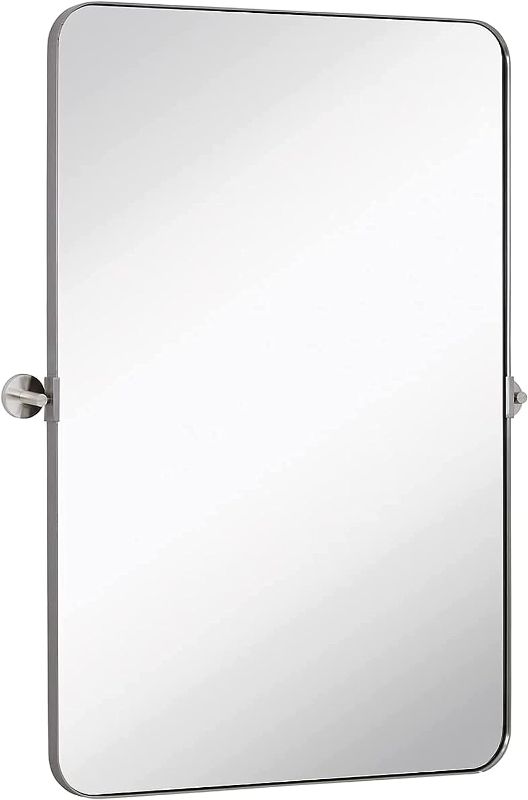 Photo 1 of 
Hamilton Hills 24x36 inch Brushed Silver Metal Framed Mirror | Pivot Mirrors for Bathrooms | Rounded Corner Rectangular Frame with Tilt Mirror Brackets