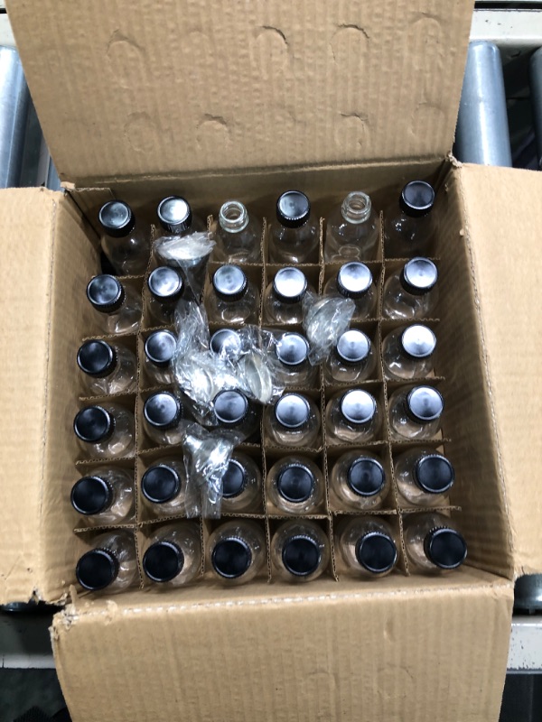 Photo 2 of 36, 2 oz Small Clear Glass Bottles (60ml) with Lids & 3 Stainless Steel Funnels - Boston Round Sample Bottles for Potion, Juice, Ginger Shots, Oils, Whiskey, Liquids - Mini Travel Bottles, NO Leakage