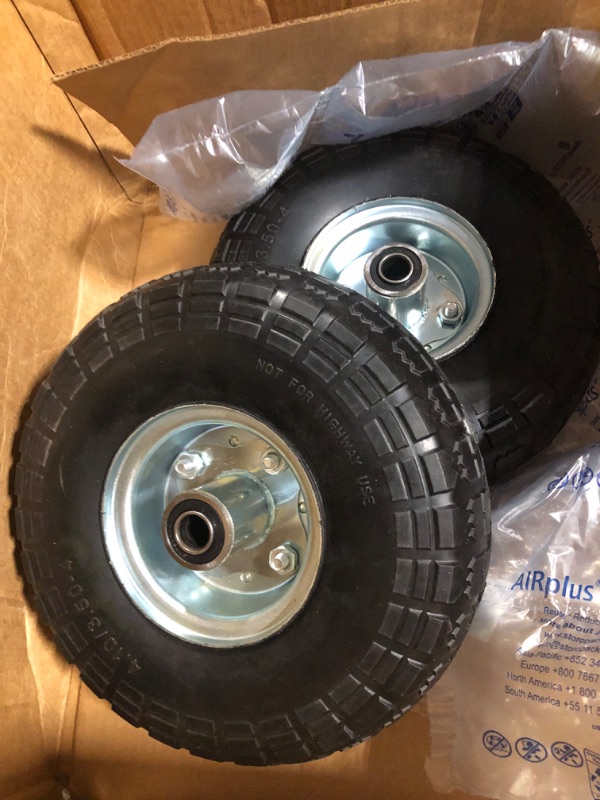 Photo 3 of (2-Pack) AR-PRO 10-Inch Solid Rubber Tires and Wheels - Replacement 4.10/3.50-4” Tires and Wheels with 5/8” Axle Bore Hole, and Double Sealed Bearings - Perfect for Gorilla Carts