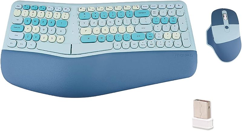 Photo 1 of Ergonomic 2.4G USB Wireless Keyboard and Mouse Combo with PU Wrist Pad, Quiet Key, Cute Candy Colors, Compatible with Notebook, PC (Blue)
