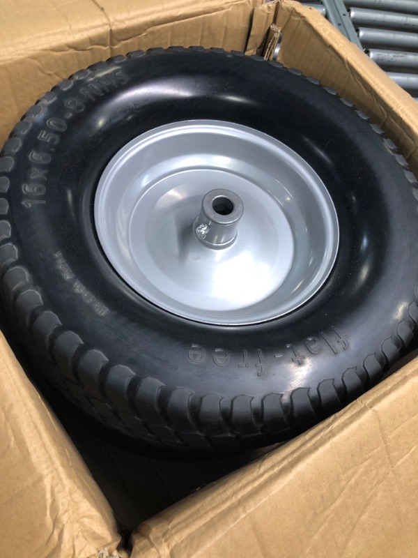 Photo 3 of (2-Pack) 16x6.50-8 Tire and Wheel Flat Free - Solid Rubber Riding Lawn Mower Tires and Wheels - With 3" Offset Hub and 3/4" Bushings - 16x6.5-8 Tractor Turf Tire Turf-Friendly 3mm Treads 16x6.50-8 Flat-Free Silver