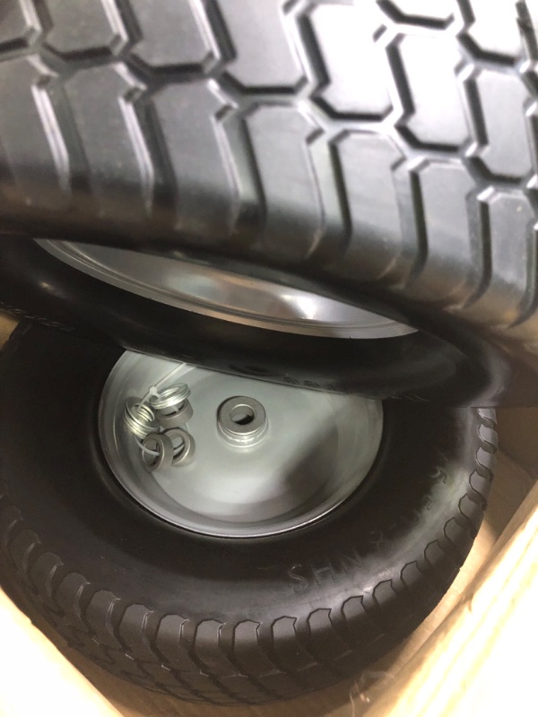 Photo 4 of (2-Pack) 16x6.50-8 Tire and Wheel Flat Free - Solid Rubber Riding Lawn Mower Tires and Wheels - With 3" Offset Hub and 3/4" Bushings - 16x6.5-8 Tractor Turf Tire Turf-Friendly 3mm Treads 16x6.50-8 Flat-Free Silver