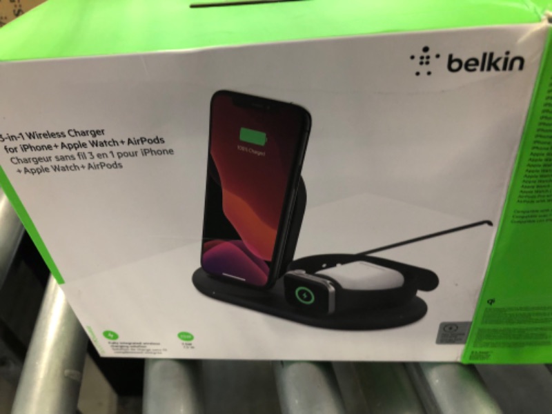 Photo 2 of Belkin 3-in-1 Wireless Charger - Fast Wireless Charging Stand for Apple iPhone, Apple Watch & AirPods - iPhone Case Compatible Qi Charger - Wireless Charging Station For Multiple Devices - Black Black Charger