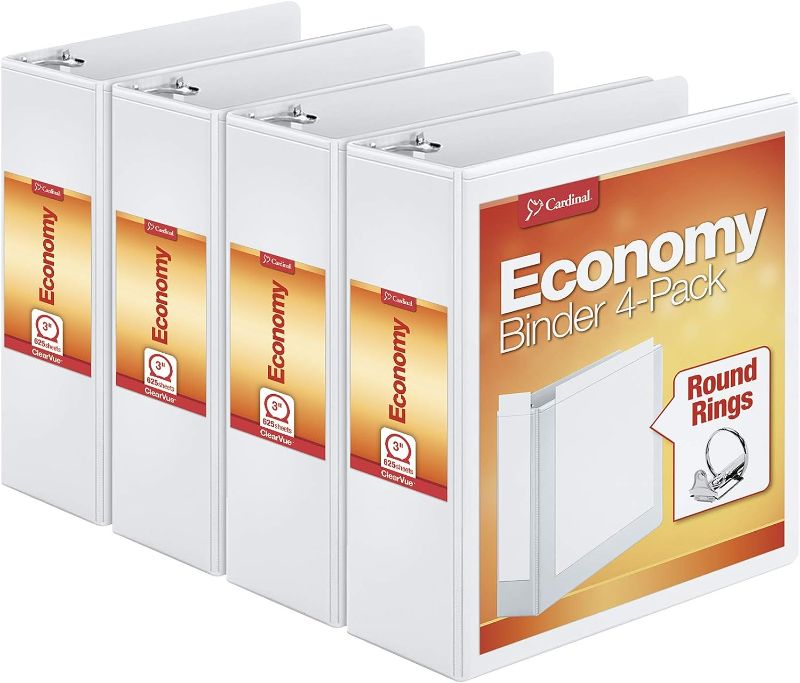 Photo 1 of Cardinal Economy 3 Ring Binder, 3 Inch, Presentation View, White, Holds 625 Sheets, Nonstick, PVC Free, 4 Pack of Binders (00430)
