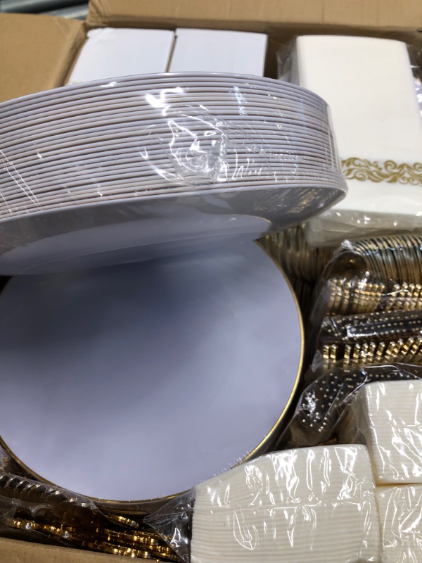 Photo 4 of LLSF 700 Pcs White Gold Plastic Plates With Disposable Gold Plastic Silverware, Gold Plastic Dinnerware Include 100Dinner Plates,100Gold Salad Plates,300 Gold Cutlery,100 Cup & 100 Party Napkins AAA-gold