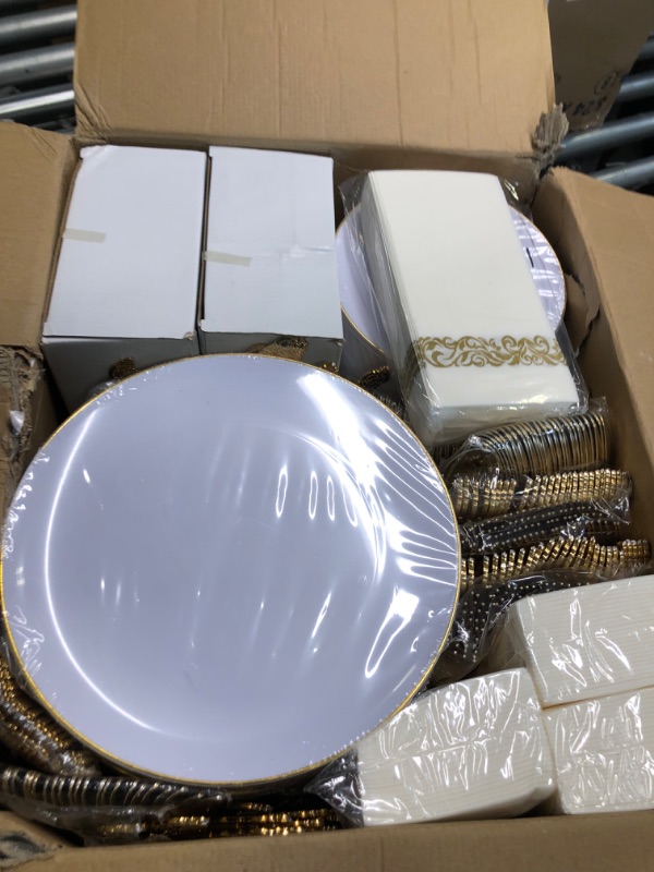 Photo 3 of LLSF 700 Pcs White Gold Plastic Plates With Disposable Gold Plastic Silverware, Gold Plastic Dinnerware Include 100Dinner Plates,100Gold Salad Plates,300 Gold Cutlery,100 Cup & 100 Party Napkins AAA-gold