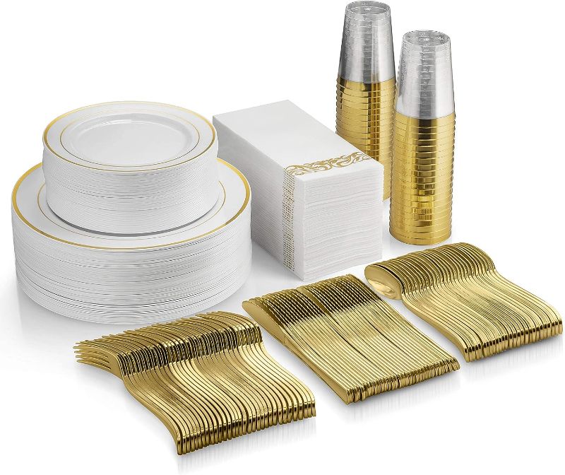Photo 1 of 350 Piece Gold Dinnerware Set - 50 Guest Gold Rim Plastic Plates - 50 Gold Plastic Silverware - 50 Gold Rim Plastic Cups - 50 Linen Like Gold Paper Napkins, Disposable
