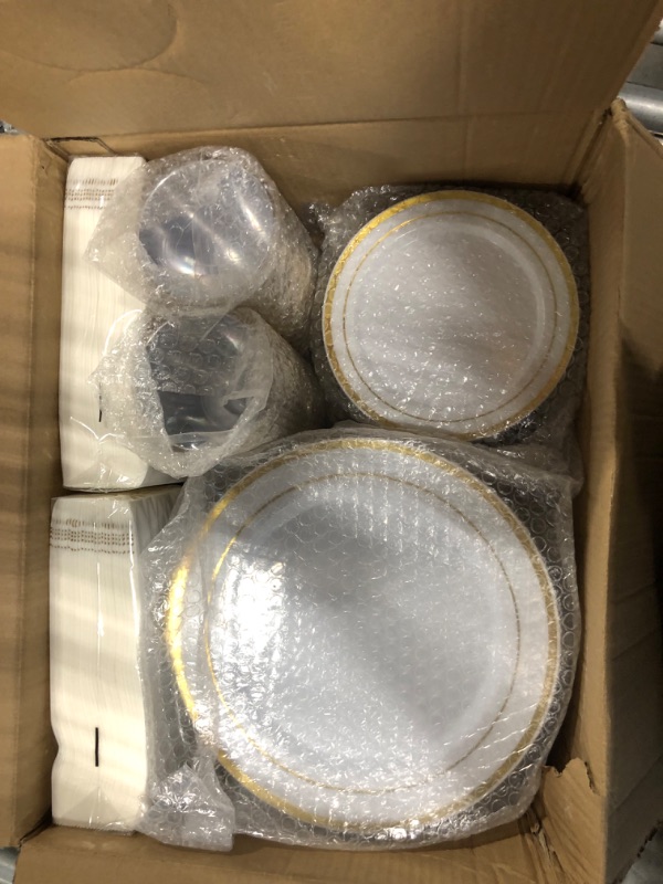 Photo 4 of 350 Piece Gold Dinnerware Set - 50 Guest Gold Rim Plastic Plates - 50 Gold Plastic Silverware - 50 Gold Rim Plastic Cups - 50 Linen Like Gold Paper Napkins, Disposable
