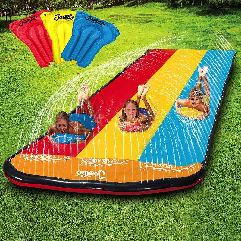 Photo 1 of JAMBO Triple Lane Slip, Splash and Slide (Newest Model) Slip and Slide for Backyards with 3 Boogie Boards | Water Slide Waterslide | 16' Foot 3 Racing Lanes with Sprinklers | Backyard Water Toys Slide Triple Lane Slip Splash and Slide