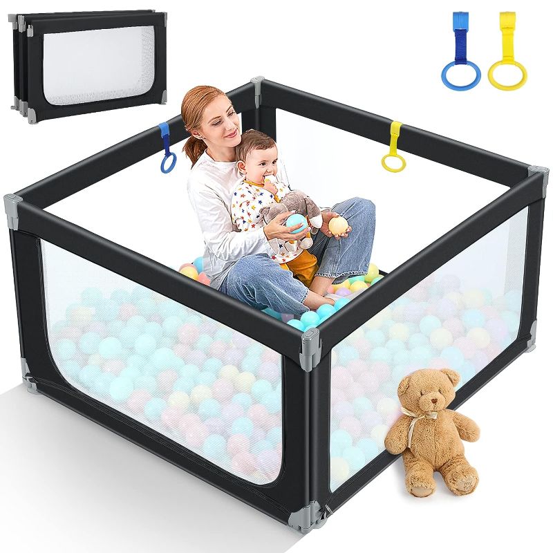 Photo 1 of Kidirect Baby Playpen, Foldable Playpen for Babies and Toddlers Small Space, Portable and Lightweight, Easy Fold Safety Play Pen with Soft Breathable Mesh(Black,47”×49")
